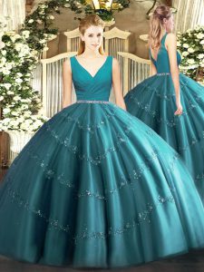 Sleeveless Floor Length Beading Zipper Quinceanera Gown with Teal