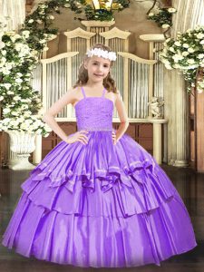 Ball Gowns Kids Formal Wear Lavender Straps Organza Sleeveless Floor Length Zipper