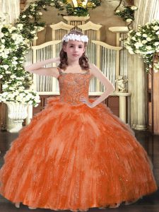 Straps Sleeveless Lace Up Pageant Dress for Girls Orange Red Organza