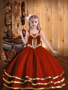 Rust Red Ball Gowns Organza Straps Sleeveless Beading and Embroidery and Ruffled Layers Floor Length Lace Up Little Girl Pageant Gowns