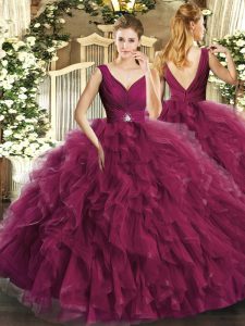 V-neck Sleeveless Organza Quinceanera Gown Beading and Ruffles Backless