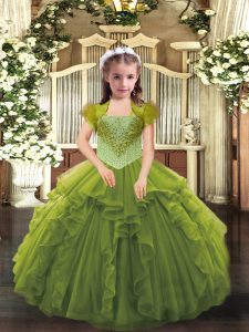 Sleeveless Floor Length Beading and Ruffles Lace Up High School Pageant Dress with Olive Green