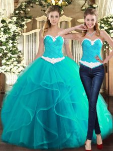 Floor Length Baby Blue Quince Ball Gowns Tulle Sleeveless Ruffles