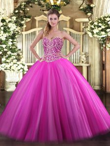 Fuchsia Tulle Lace Up Sweetheart Sleeveless Floor Length Sweet 16 Dress Beading