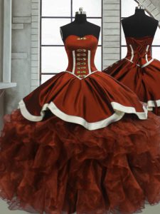 Superior Rust Red Sweetheart Lace Up Beading and Ruffles Sweet 16 Dress Sleeveless