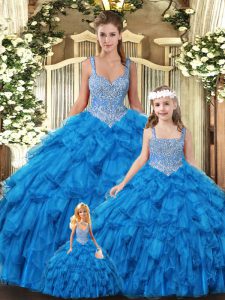 Teal Scoop Neckline Beading and Ruffles 15 Quinceanera Dress Sleeveless Lace Up