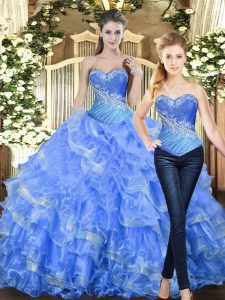 Sleeveless Tulle Floor Length Lace Up Sweet 16 Dress in Baby Blue with Beading and Ruffles