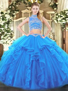 Beauteous Baby Blue Two Pieces Tulle High-neck Sleeveless Beading and Ruffles Floor Length Backless 15th Birthday Dress