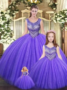 Nice Eggplant Purple Quince Ball Gowns Military Ball and Sweet 16 and Quinceanera with Beading Scoop Sleeveless Lace Up