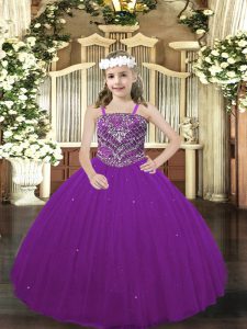 Most Popular Sleeveless Tulle Floor Length Lace Up Pageant Dress for Teens in Purple with Beading