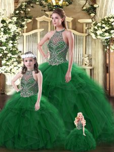 Halter Top Sleeveless Sweet 16 Quinceanera Dress Floor Length Beading and Ruffles Dark Green Tulle