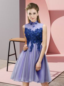 Elegant Lavender Empire Appliques Quinceanera Dama Dress Lace Up Tulle Sleeveless Knee Length