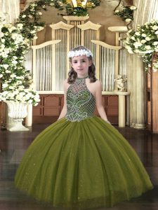 Halter Top Sleeveless Lace Up Pageant Dress for Girls Olive Green Tulle