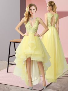 Amazing High Low Backless Dama Dress for Quinceanera Yellow for Prom and Party and Wedding Party with Beading and Lace