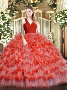 Low Price Floor Length Coral Red Sweet 16 Quinceanera Dress V-neck Sleeveless Zipper