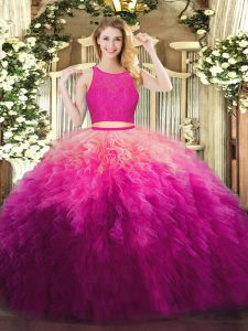 Fuchsia Organza Zipper Scoop Sleeveless Floor Length Ball Gown Prom Dress Lace and Ruffles