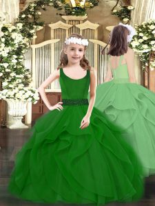 Sleeveless Floor Length Beading and Ruffles Zipper Kids Formal Wear with Dark Green