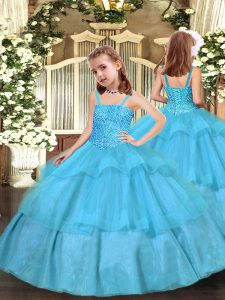Sleeveless Organza Floor Length Lace Up Little Girls Pageant Dress Wholesale in Aqua Blue with Beading and Ruffled Layers