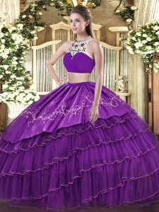 Wonderful Purple Vestidos de Quinceanera Military Ball and Sweet 16 and Quinceanera with Beading and Embroidery and Ruffled Layers High-neck Sleeveless Backless