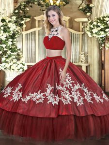 High Class Red Vestidos de Quinceanera Military Ball and Sweet 16 and Quinceanera with Beading and Appliques High-neck Sleeveless Backless
