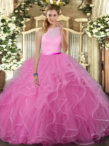 Smart Rose Pink Vestidos de Quinceanera Sweet 16 and Quinceanera with Beading and Ruffles Scoop Sleeveless Backless