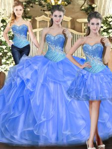 Luxurious Baby Blue Lace Up Sweetheart Beading and Ruffles 15th Birthday Dress Tulle Sleeveless