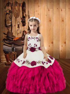 Stunning Fuchsia Lace Up Straps Embroidery and Ruffles Pageant Gowns For Girls Organza Sleeveless
