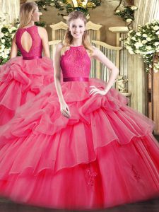 Affordable Coral Red Zipper Scoop Lace and Ruffled Layers 15 Quinceanera Dress Organza Sleeveless