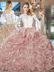 High Quality Pink And White Quince Ball Gowns Scoop Long Sleeves Brush Train Lace Up