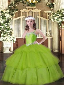 Sleeveless Floor Length Beading and Ruffled Layers Lace Up Pageant Dresses with Olive Green