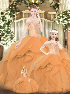 Ball Gowns Sweet 16 Dress Orange Red Off The Shoulder Tulle Sleeveless Floor Length Lace Up