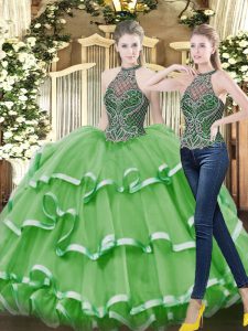 Enchanting Floor Length Green Quince Ball Gowns High-neck Sleeveless Lace Up