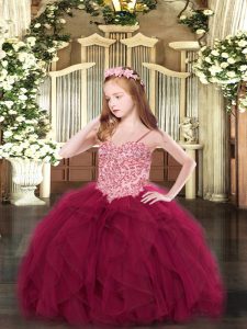 Wine Red Spaghetti Straps Lace Up Appliques and Ruffles Pageant Dress for Womens Sleeveless