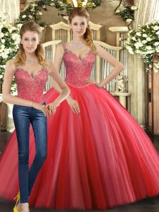 Coral Red Quinceanera Gowns Military Ball and Sweet 16 and Quinceanera with Beading Straps Sleeveless Lace Up