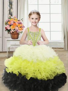 Straps Sleeveless Organza Pageant Dresses Beading and Ruffles Lace Up