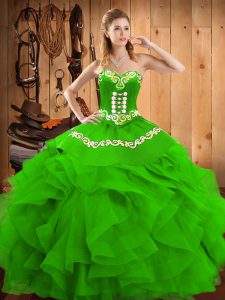 Romantic Green Ball Gowns Embroidery and Ruffles Vestidos de Quinceanera Lace Up Satin and Organza Sleeveless Floor Length