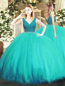 Aqua Blue Ball Gowns Beading Sweet 16 Dresses Zipper Tulle Sleeveless Floor Length