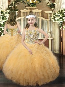 Dazzling Straps Sleeveless Glitz Pageant Dress Floor Length Beading and Ruffles Gold Organza