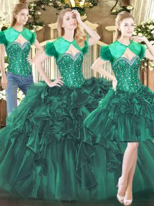 Beading and Ruffles Quinceanera Gowns Dark Green Lace Up Sleeveless Floor Length