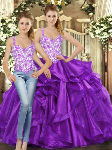 Super Eggplant Purple Sleeveless Floor Length Beading and Ruffles Lace Up Ball Gown Prom Dress