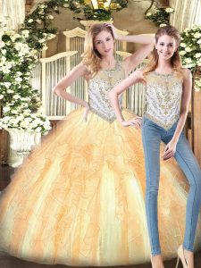Gold Zipper 15th Birthday Dress Beading and Ruffles Sleeveless Floor Length