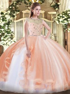 Peach Bateau Zipper Beading and Ruffles 15 Quinceanera Dress Sleeveless