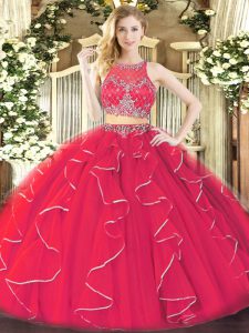 Most Popular Coral Red Scoop Neckline Ruffles Quinceanera Gowns Sleeveless Zipper