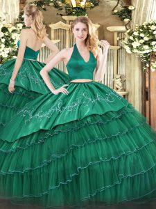 Organza and Taffeta Halter Top Sleeveless Zipper Embroidery and Ruffled Layers Quinceanera Dress in Dark Green