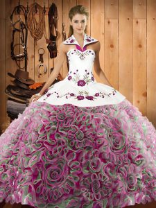 Beautiful Multi-color Fabric With Rolling Flowers Lace Up Halter Top Sleeveless Sweet 16 Dresses Sweep Train Embroidery