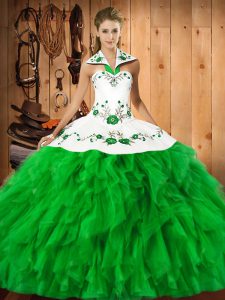 Green Ball Gowns Embroidery and Ruffles Sweet 16 Dress Lace Up Satin and Organza Sleeveless Floor Length