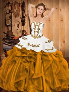 Ball Gowns Sweet 16 Dresses Gold Strapless Satin and Organza Sleeveless Floor Length Lace Up