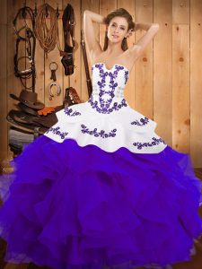 Modern Strapless Sleeveless Satin and Organza Quinceanera Dress Embroidery and Ruffles Lace Up