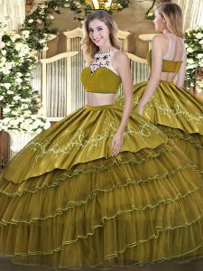 Hot Sale Olive Green Two Pieces High-neck Sleeveless Tulle Floor Length Backless Beading and Embroidery and Ruffled Layers 15 Quinceanera Dress