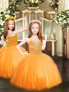 Dazzling Sleeveless Tulle Floor Length Lace Up Kids Formal Wear in Orange with Beading